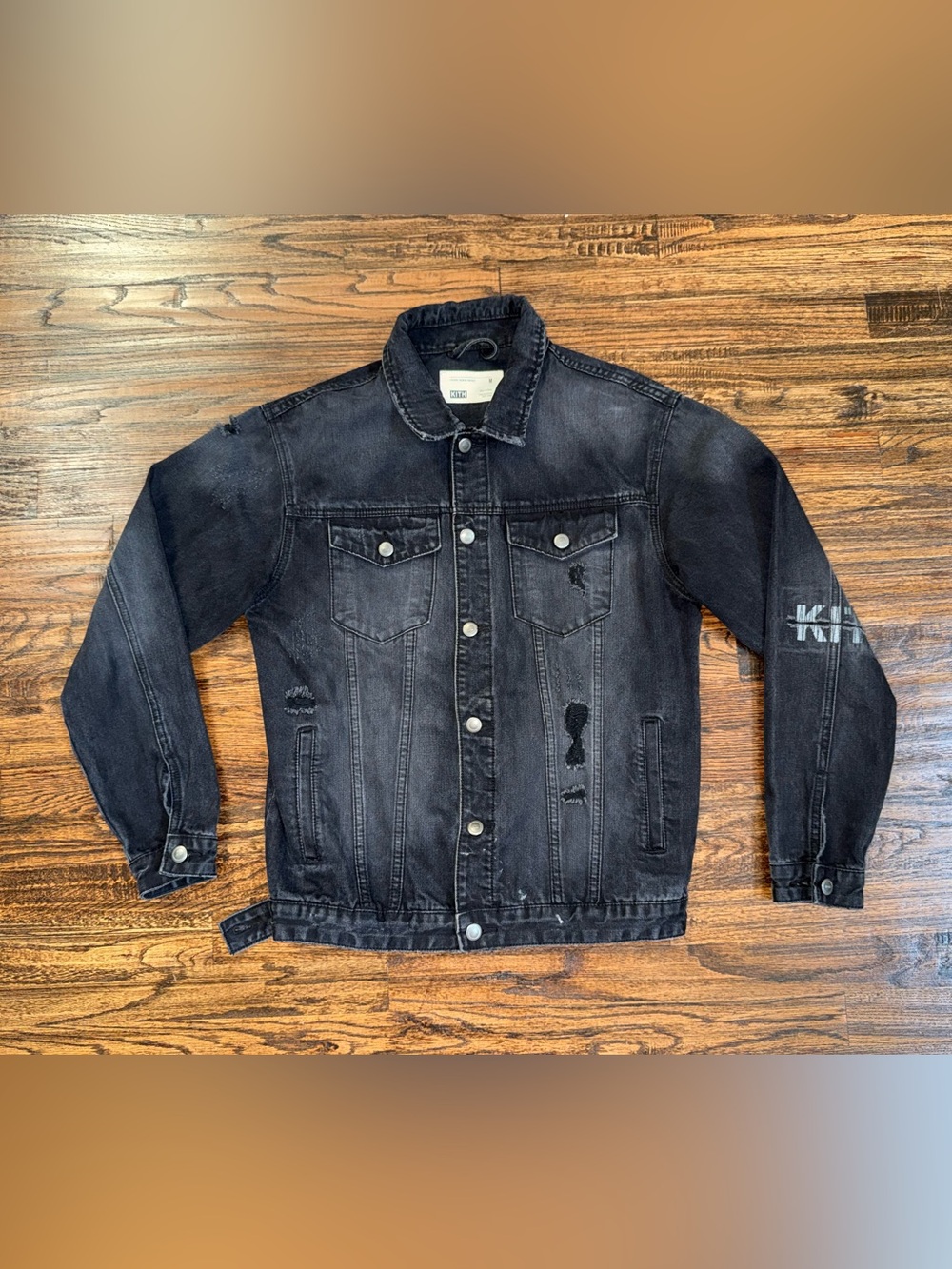 Kith SS18 Laight Distressed Denim Jacket Size Medium Dark Black Wash